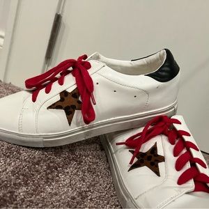 Black & White Sneakers W/ Cheetah Print Star & Red Laces